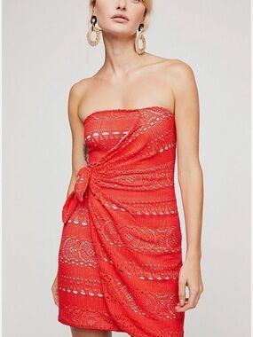 Free People Strapless Foxy Red Oceanside Crochet Tie-Waist Mini Dress Large